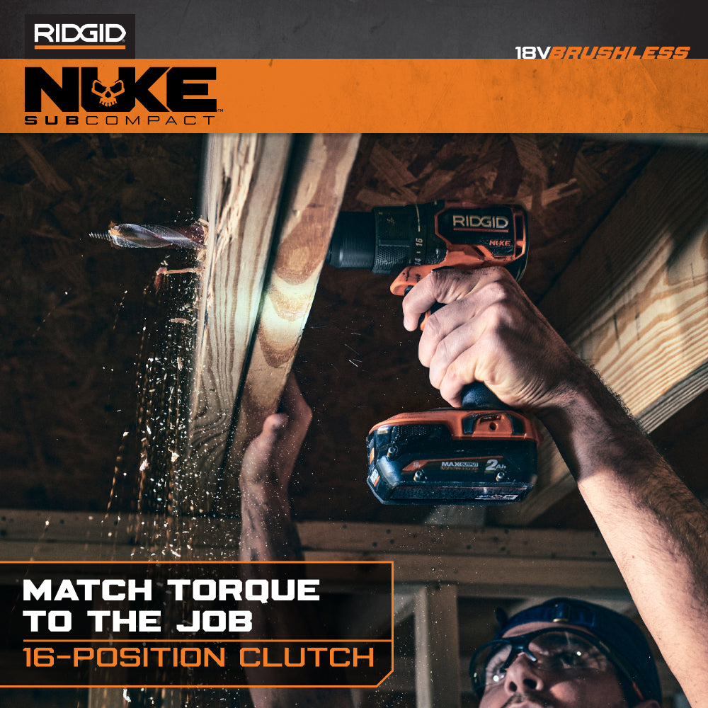 Ensemble combiné de 2 outils sans balais SubCompact NUKE 18 V de RIDGID avec perceuse-visseuse, visseuse à percussion, 2 batteries et chargeur