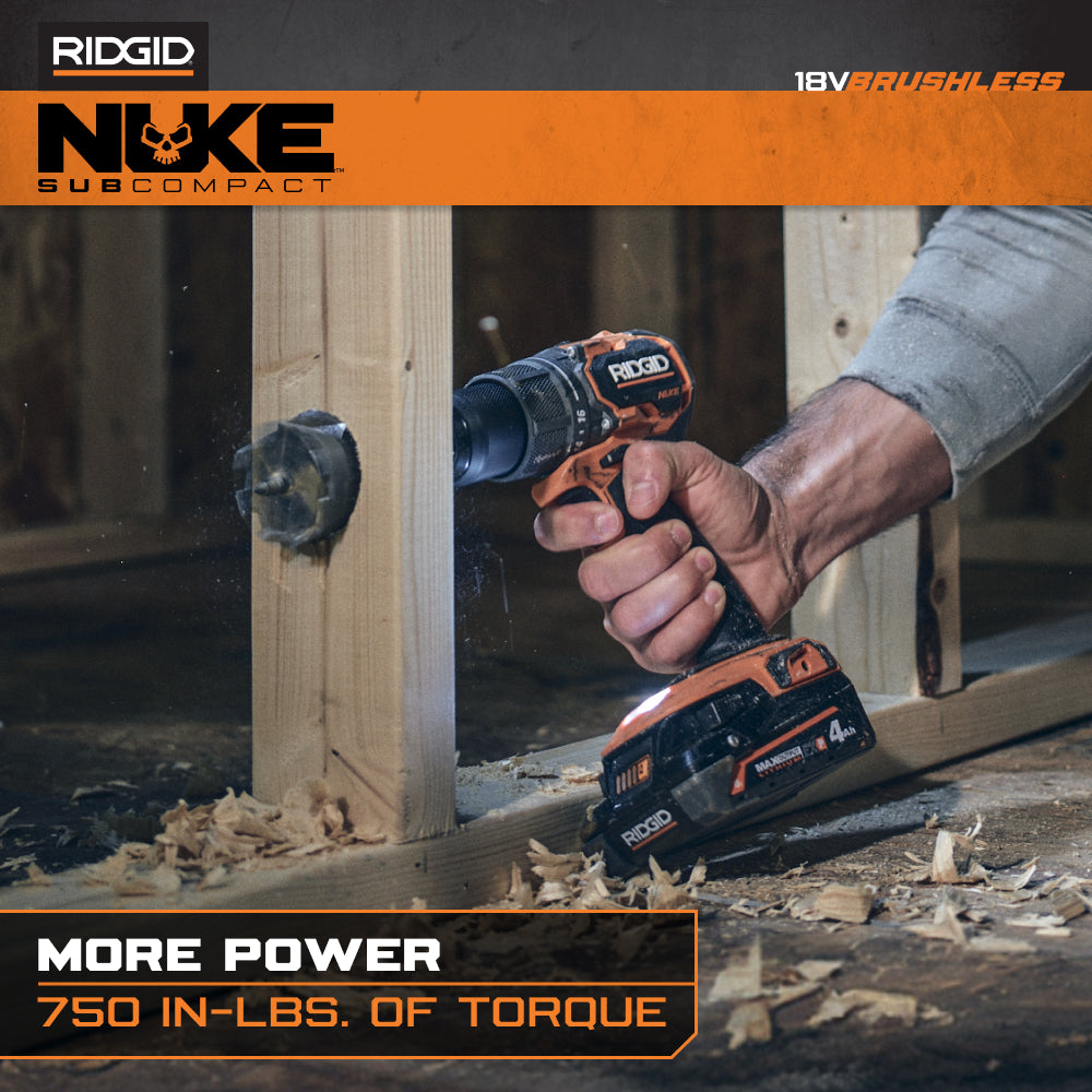 Ensemble combiné de 2 outils sans balais SubCompact NUKE 18 V de RIDGID avec perceuse-visseuse, visseuse à percussion, 2 batteries et chargeur