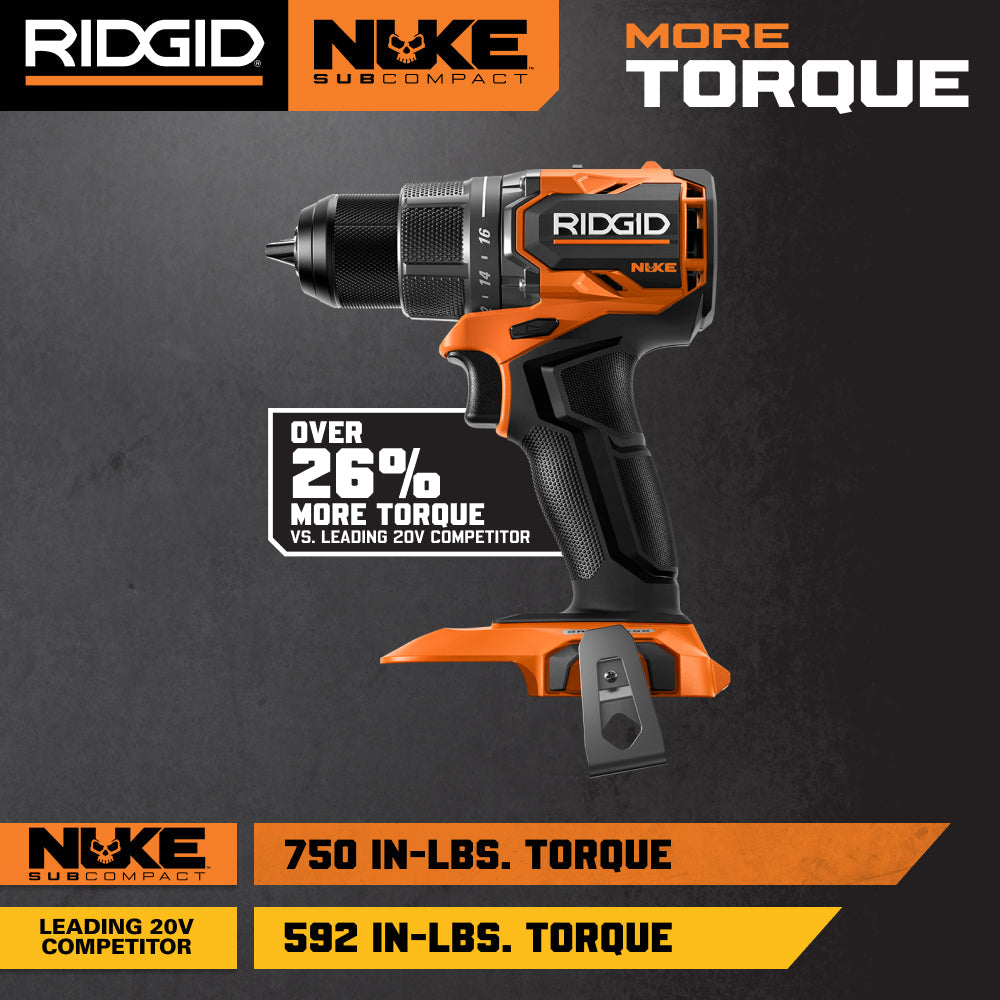 Ensemble combiné de 2 outils sans balais SubCompact NUKE 18 V de RIDGID avec perceuse-visseuse, visseuse à percussion, 2 batteries et chargeur