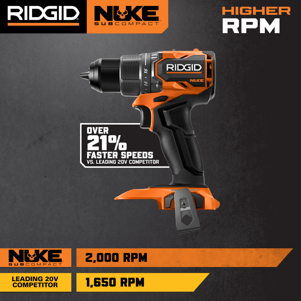Ensemble combiné de 2 outils sans balais SubCompact NUKE 18 V de RIDGID avec perceuse-visseuse, visseuse à percussion, 2 batteries et chargeur