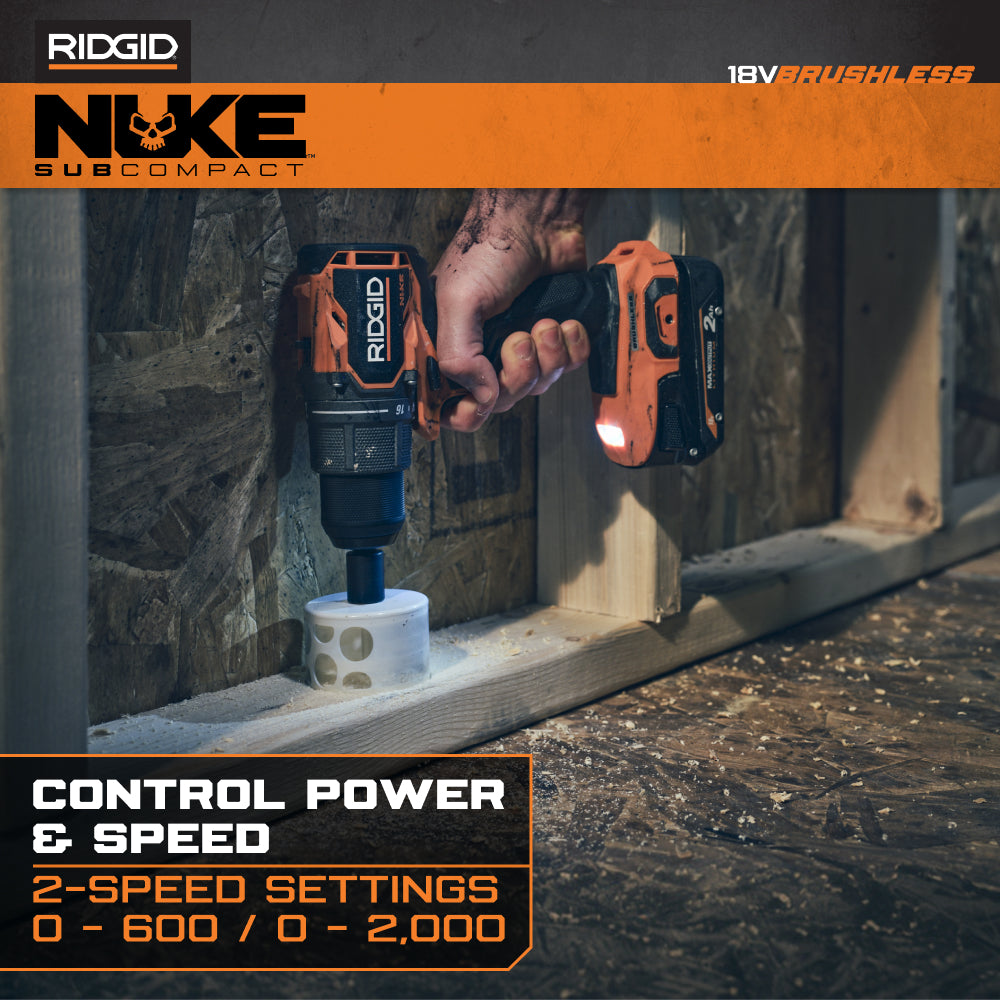 Ensemble combiné de 2 outils sans balais SubCompact NUKE 18 V de RIDGID avec perceuse-visseuse, visseuse à percussion, 2 batteries et chargeur
