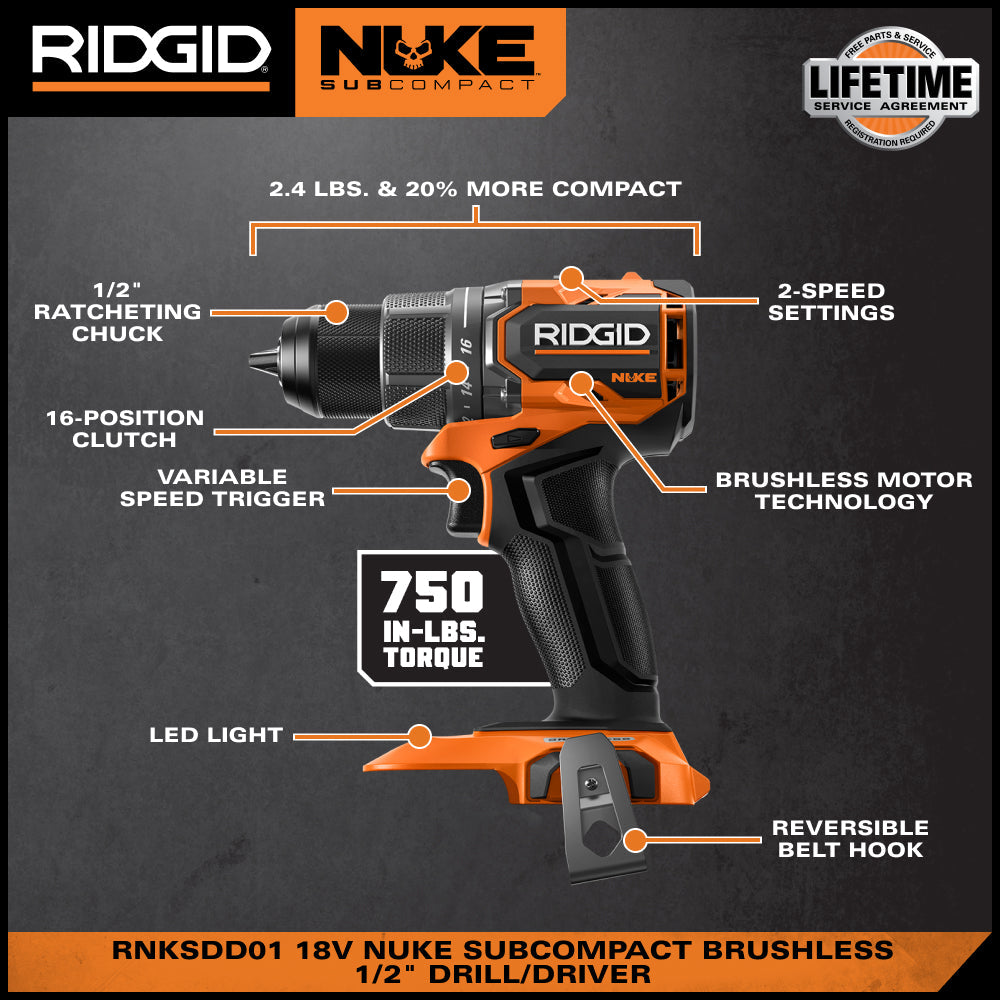 Ensemble combiné de 2 outils sans balais SubCompact NUKE 18 V de RIDGID avec perceuse-visseuse, visseuse à percussion, 2 batteries et chargeur