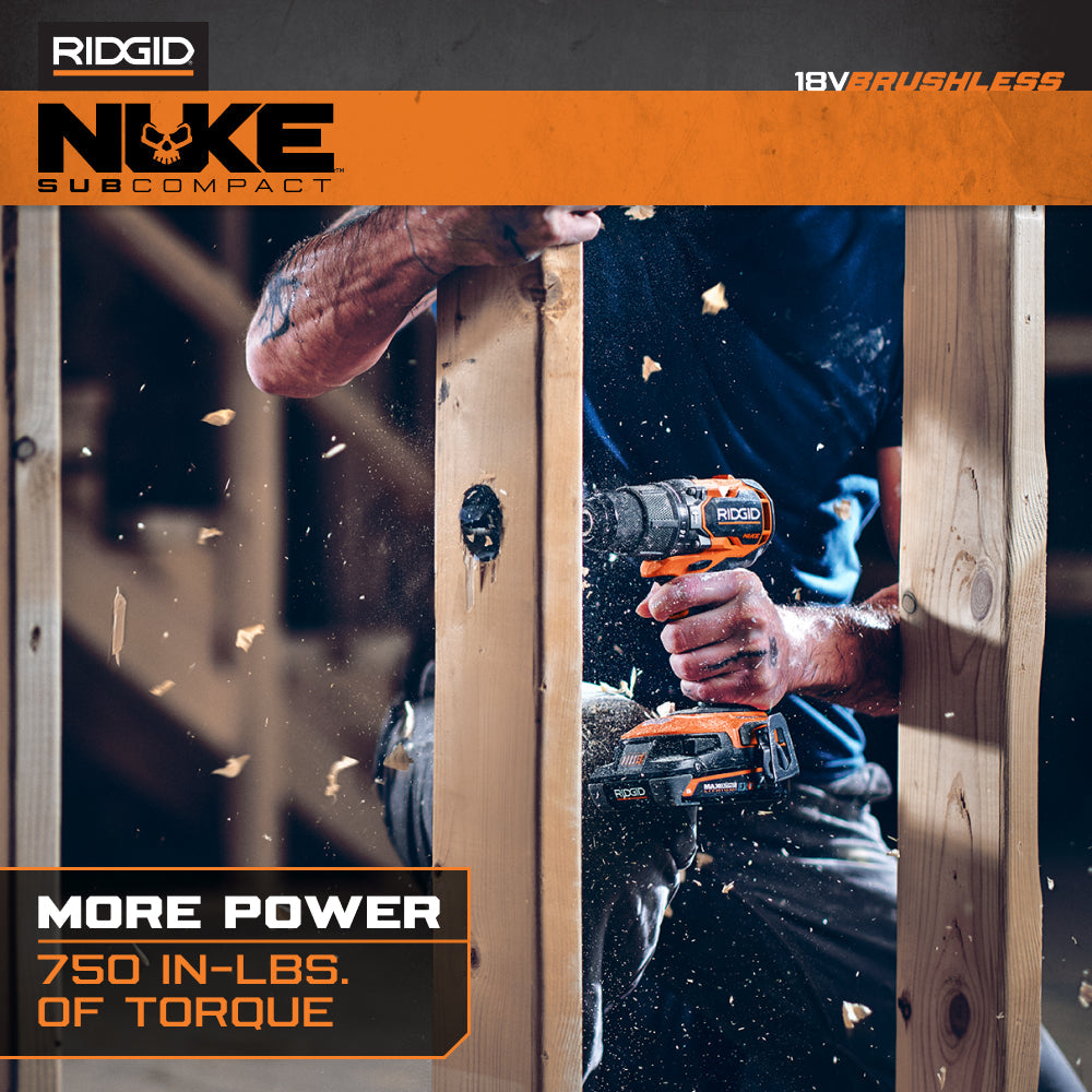 RIDGID 18V NUKE Kit combiné sans balais subcompact de 2 outils avec perceuse à percussion, visseuse à chocs à 4 modes, (2) batteries et chargeur
