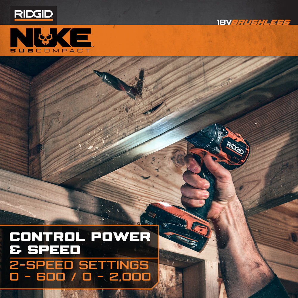 RIDGID 18V NUKE Kit combiné sans balais subcompact de 2 outils avec perceuse à percussion, visseuse à chocs à 4 modes, (2) batteries et chargeur