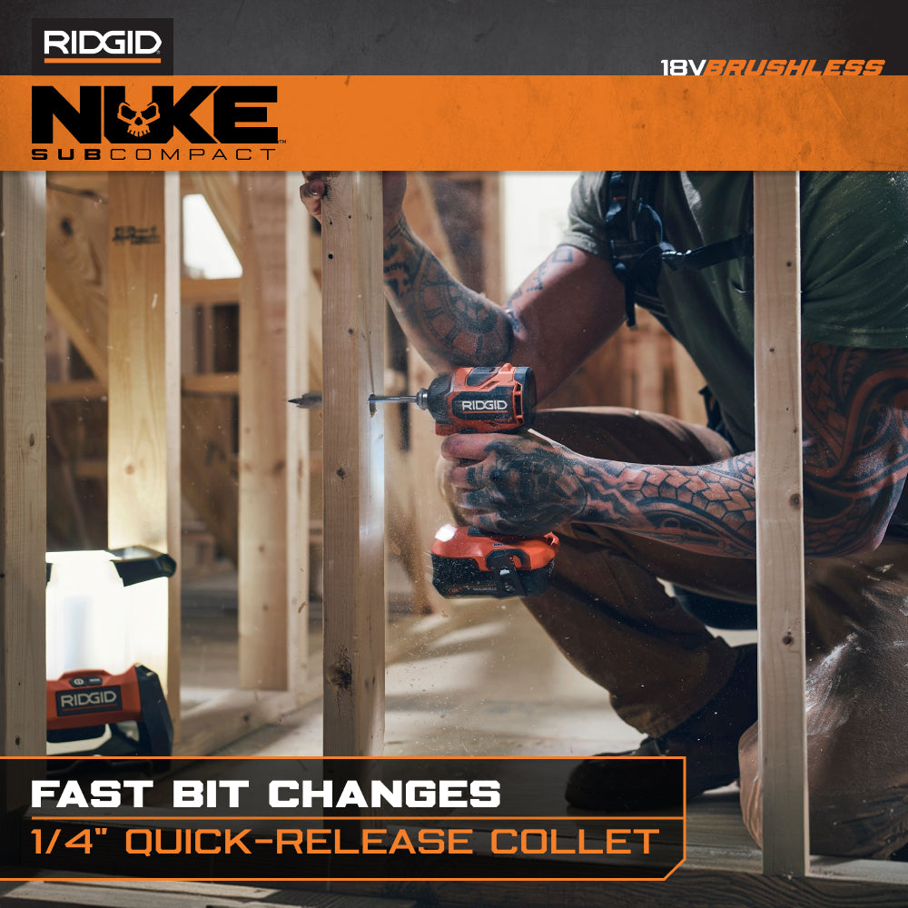 Ensemble combiné de 2 outils sans balais SubCompact NUKE 18 V de RIDGID avec perceuse-visseuse, visseuse à percussion, 2 batteries et chargeur