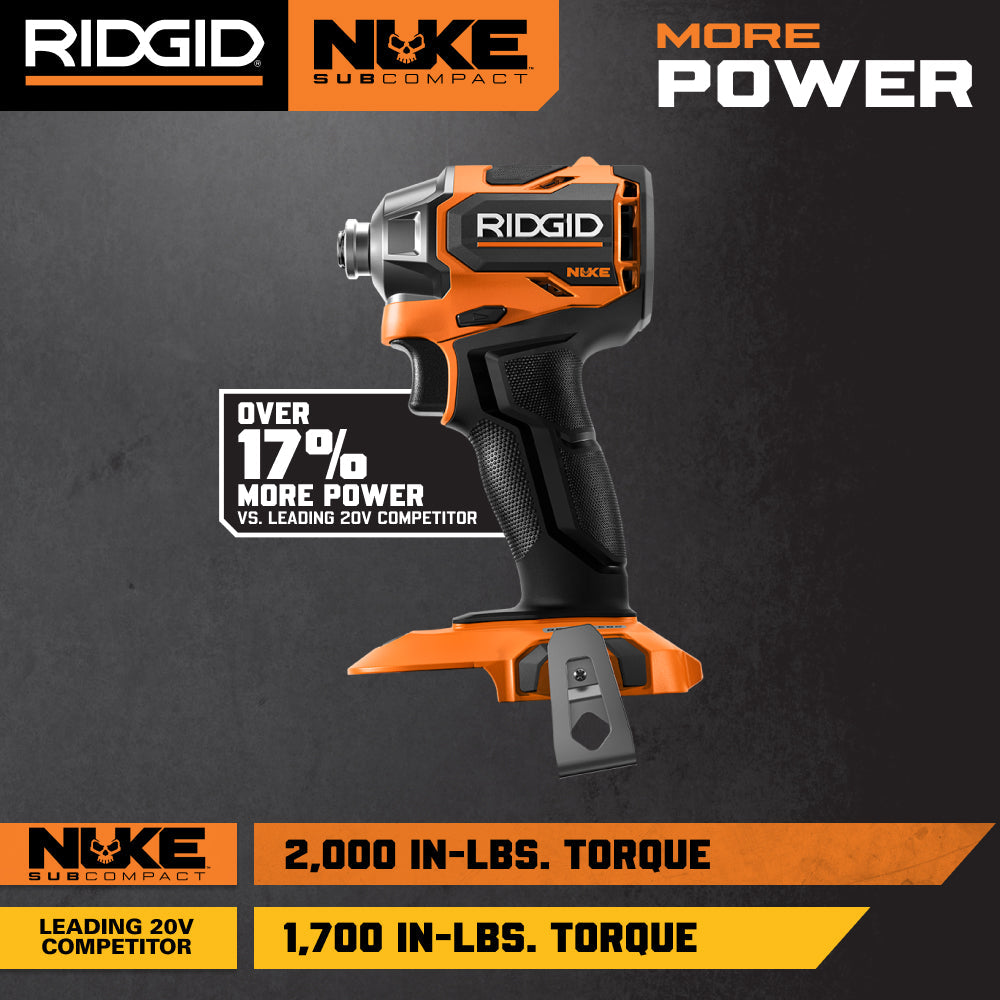 Ensemble combiné de 2 outils sans balais SubCompact NUKE 18 V de RIDGID avec perceuse-visseuse, visseuse à percussion, 2 batteries et chargeur