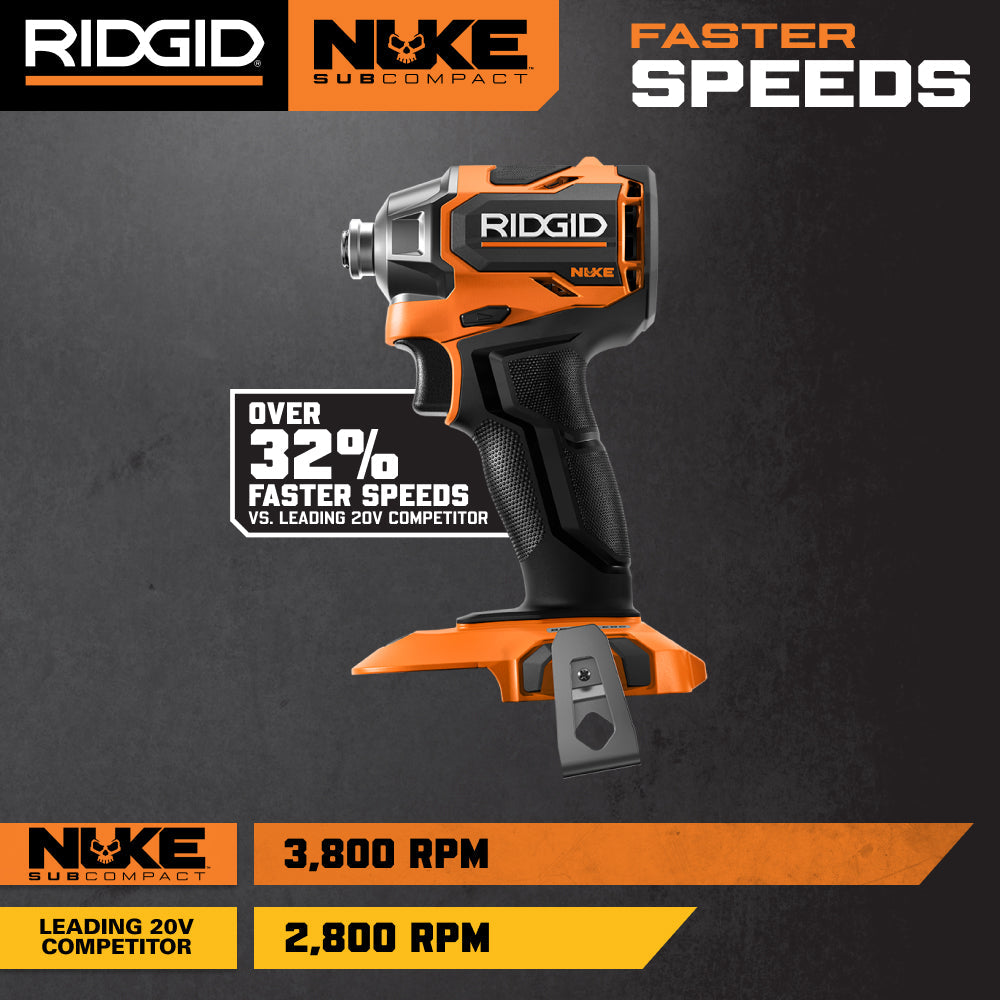 Ensemble combiné de 2 outils sans balais SubCompact NUKE 18 V de RIDGID avec perceuse-visseuse, visseuse à percussion, 2 batteries et chargeur