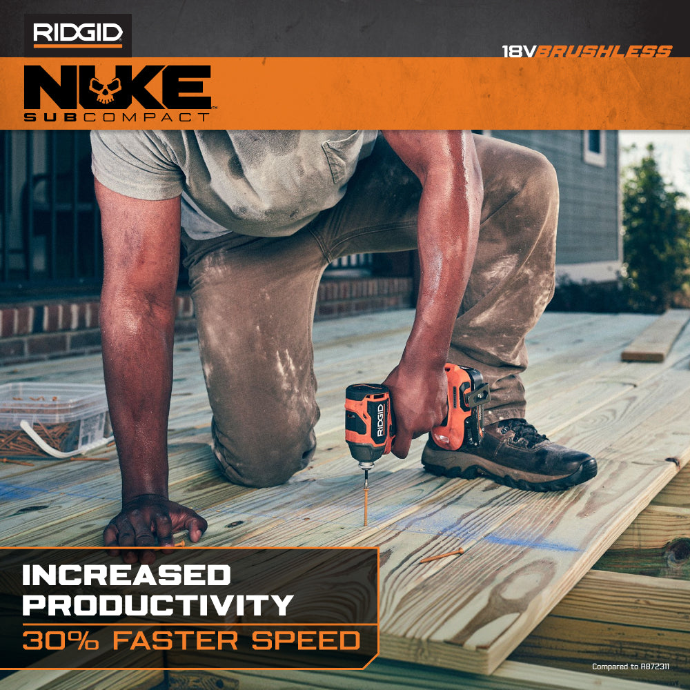 Ensemble combiné de 2 outils sans balais SubCompact NUKE 18 V de RIDGID avec perceuse-visseuse, visseuse à percussion, 2 batteries et chargeur