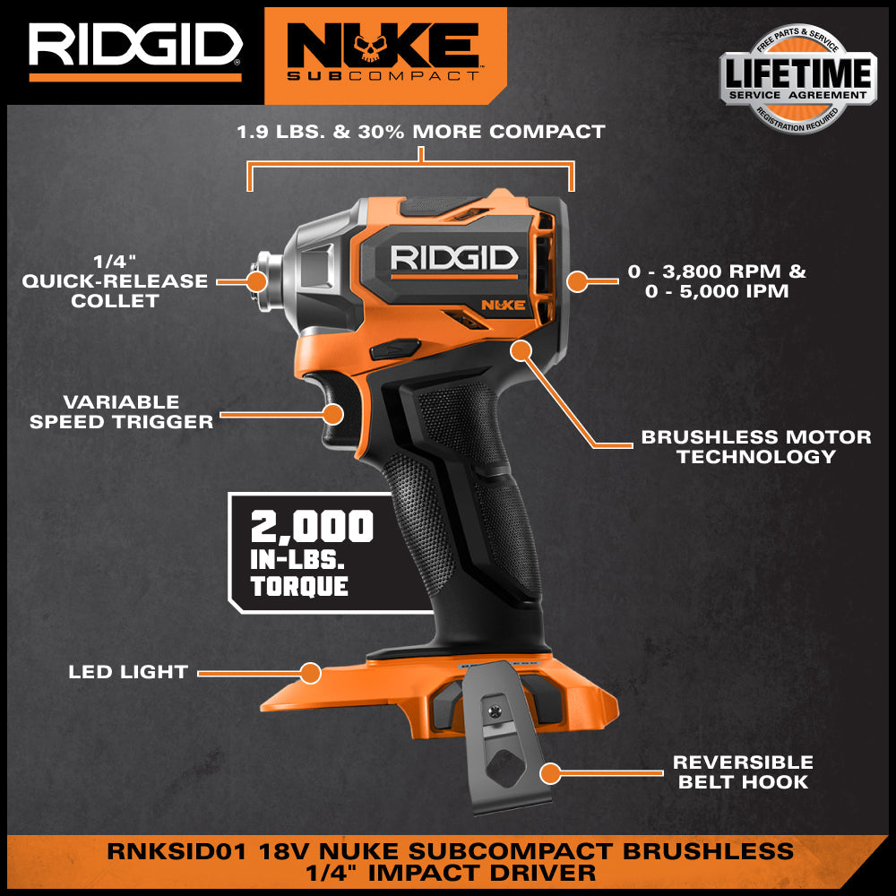 Ensemble combiné de 2 outils sans balais SubCompact NUKE 18 V de RIDGID avec perceuse-visseuse, visseuse à percussion, 2 batteries et chargeur