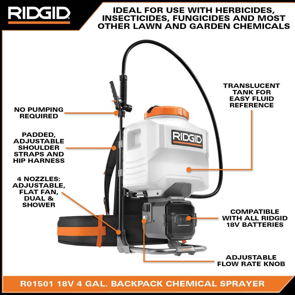 Pulvérisateur chimique à dos sans fil 18 V, 4 gal., avec batterie 2.0 et chargeur