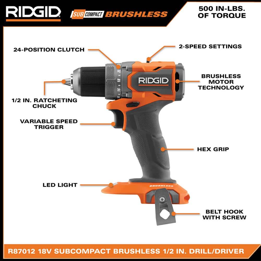 Perceuse-visseuse sans fil 18 V SubCompact sans balais de 1/2 po avec deux batteries de 2,0 Ah, chargeur et sac à outils.
